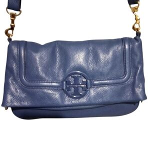 Tory Burch Navy Leather Amanda Foldover Cross body bag.